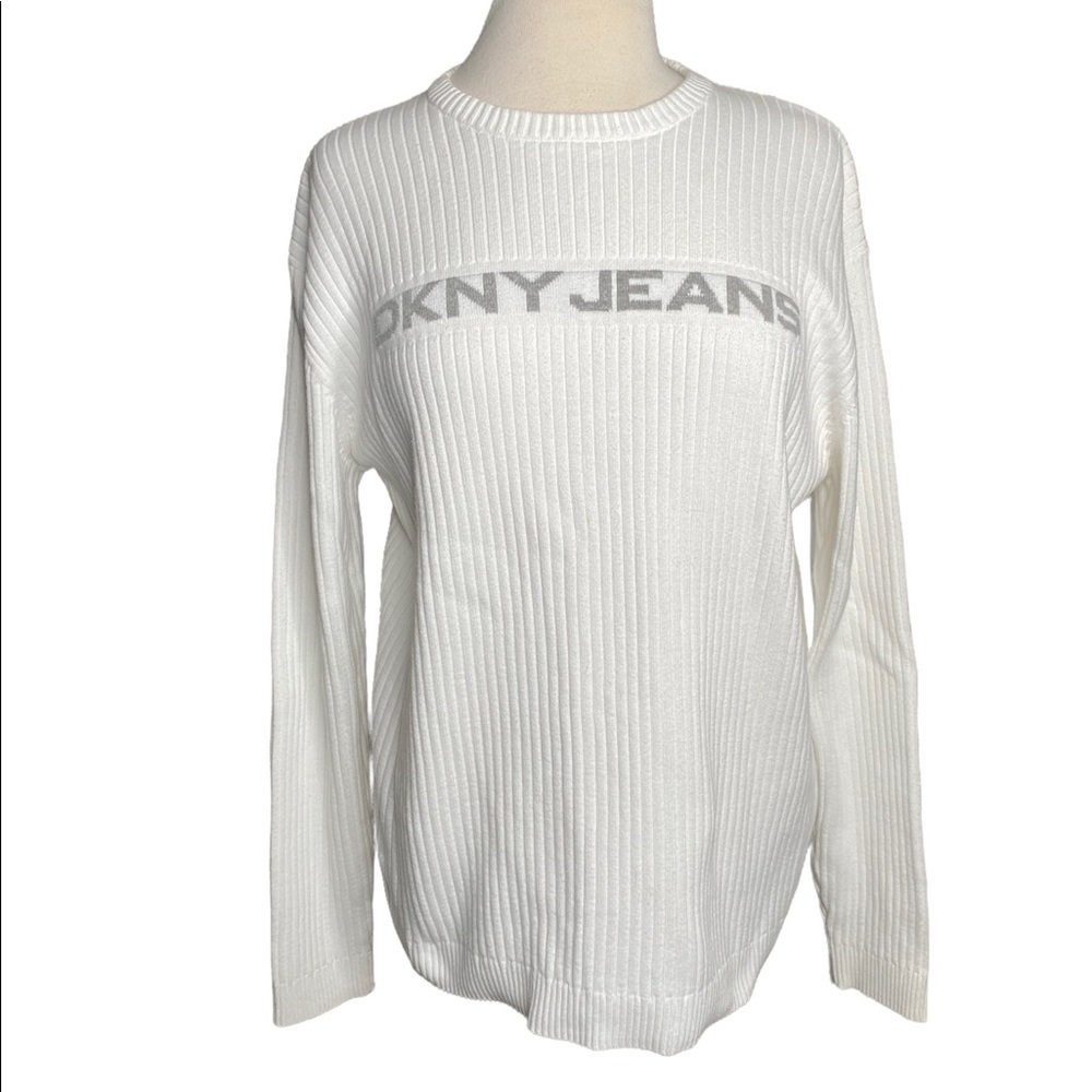 DKNY Jeans ribbed White crew neck L/S, front logo initials in grey 100% cotton